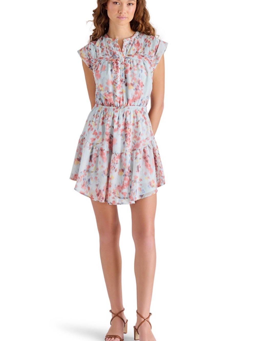 Steve Madden Powder Blue Floral Tiered Dress with Pink and Yellow Accents